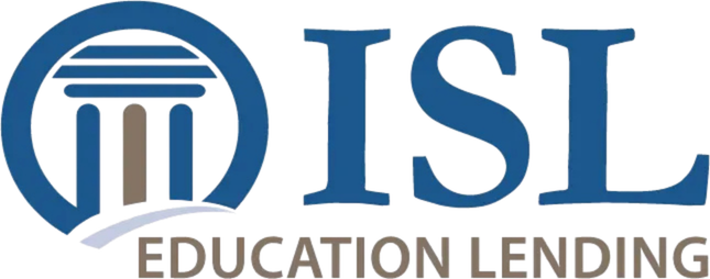 ISL Admire ISL Education Lending logo blue circular emblem with a pillar inside a white swoosh at the bottom followed by the blue text ISL and EDUCATION LENDING underneath