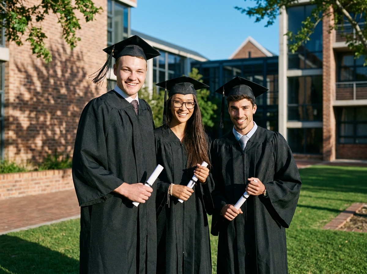 Three graduates in black gowns and mortarboard caps smile while holding rolled diplomas outdoors on a sunny campus lawn beside brick buildings and green grass.