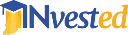 invested Admire Logo for Invested a blue graduation cap with an orange tassel on the left and the word Invested in blue In and orange vested