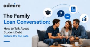 The Family Loan Conversation How to Talk About Student Debt Before Its Too Late Admire Admire Three adults on a couch discussing finances with loan education icons and the headline The Family Loan Conversation