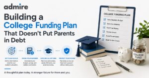 building a college funding plan that doesnt put parents in debt Admire Admire Hero infographic about building a college funding plan with a graduation cap money jar piggy bank and a blue checklist titled COLLEGE FUNDING PLAN