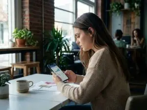 student loan concerns Admire Admire Woman in a beige sweater sits at a cafe table looking at a smartphone displaying charts with a mug and papers on the table