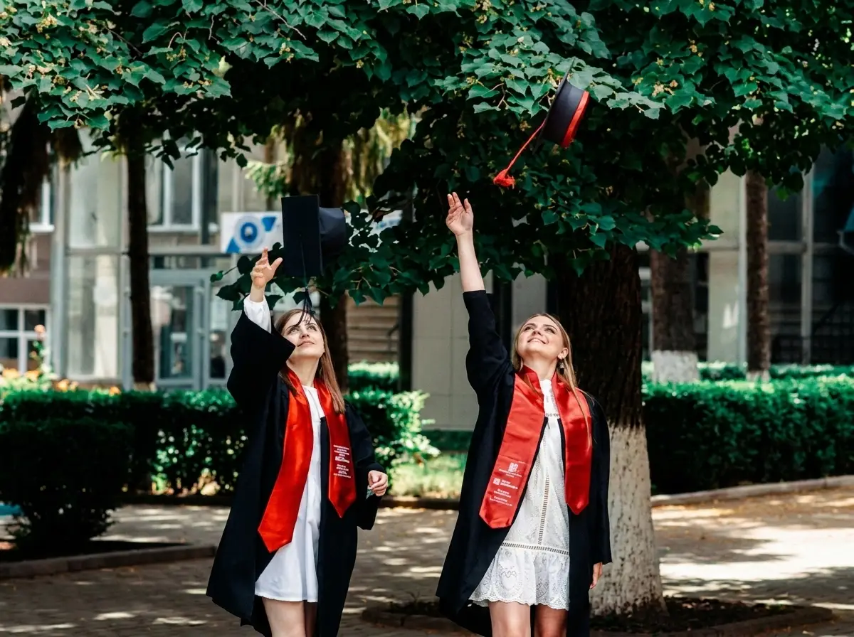 Two graduates in black gowns with red stoles toss their caps in the air during an outdoor celebration beneath trees, smiling up at the cap in flight.