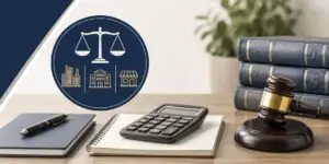 Law office desk with a gavel calculator spiral notebook and a stack of blue law books overlayed blue circular scales icon