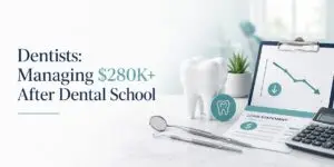 Banner about dentists earning 0K+ after dental school with a tooth model and desk chart in the background