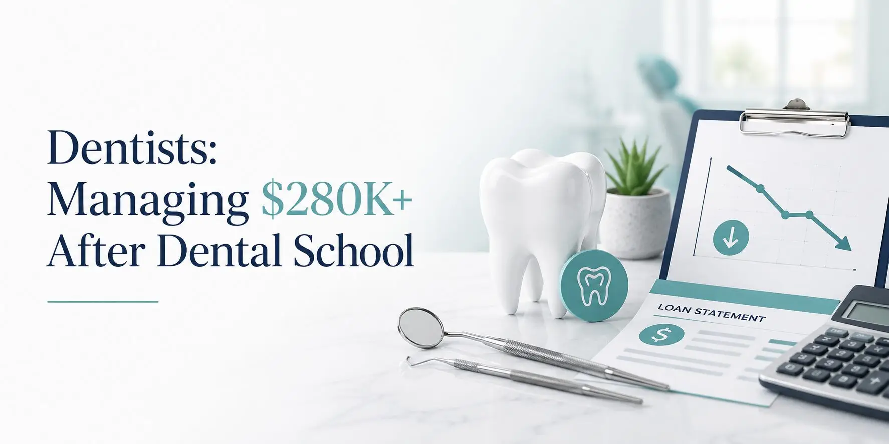 Banner about dentists earning $280K+ after dental school, with a tooth model and desk chart in the background.