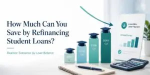 Graphic showing a refinance savings infographic with stacked bars labeled K to 0K and a laptop screen titled Estimated Savings