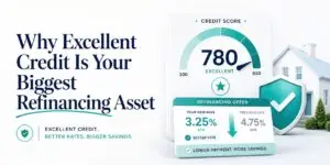 Ad banner large typography on left about refinancing and right side shows a credit score gauge with 780 labeled EXCELLENT and a refinancing offer card next to a house