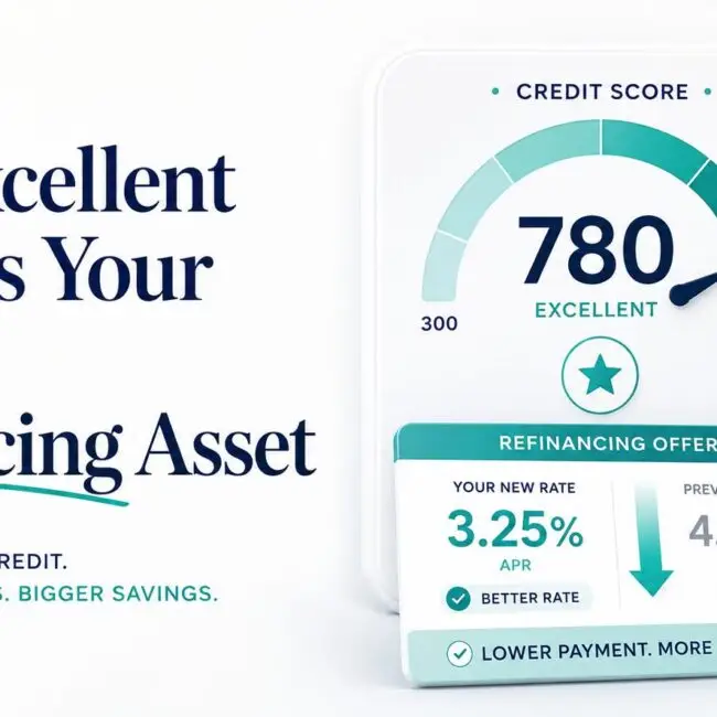 Ad banner large typography on left about refinancing and right side shows a credit score gauge with 780 labeled EXCELLENT and a refinancing offer card next to a house