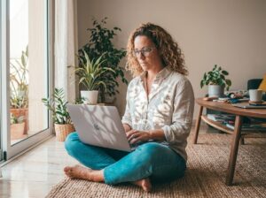 featuredimage1781730090 Admire Admire Woman seated cross legged on a woven rug typing on a silver laptop near a glass door with potted plants nearby