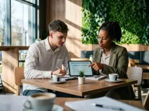 Student Loan Refinancing discussion Admire Admire Two coworkers review a tablet comparing federal and private student loans the woman points to the screen