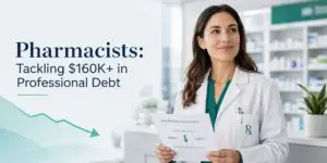 Pharmacist in white coat holds a loan refinancing summary in a pharmacy banner reads Pharmacists Tackling 0K+ in Professional Debt