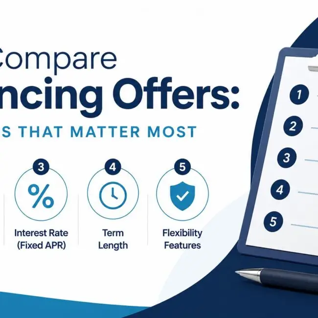 Infographic banner showing five key refinancing factors: total loan cost, monthly payment, interest rate, term length, and flexibility features.