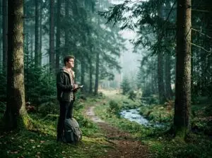 featuredimage1784650502 Admire Admire A man stands in a mossy forest writing in a notebook with a backpack on the ground beside him along a narrow trail by a small stream