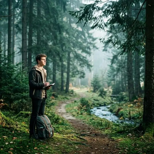 A man stands in a mossy forest writing in a notebook with a backpack on the ground beside him along a narrow trail by a small stream
