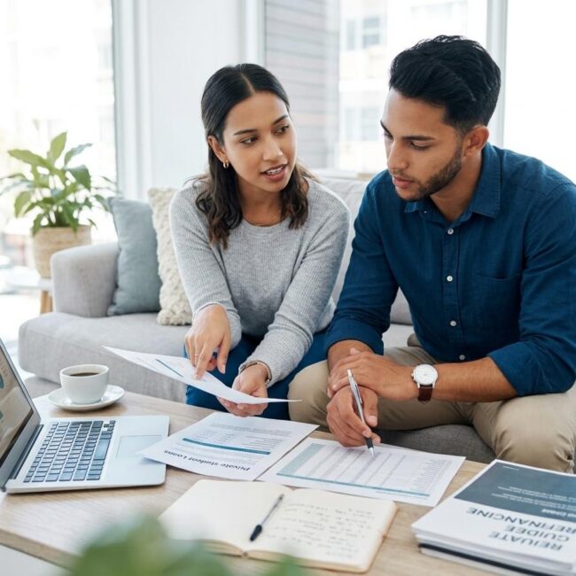 Two people sit on a sofa reviewing documents and charts on a coffee table with a laptop open nearby