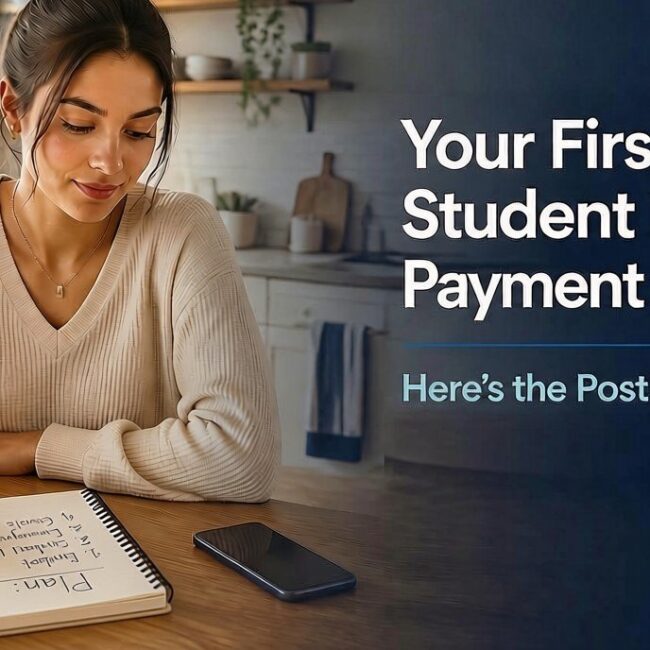 Young woman studies at a wooden table taking notes in a notebook as a blue banner announces Your First Student Loan Payment Is Coming with Heres the Post Grad Playbook and the Admire logo