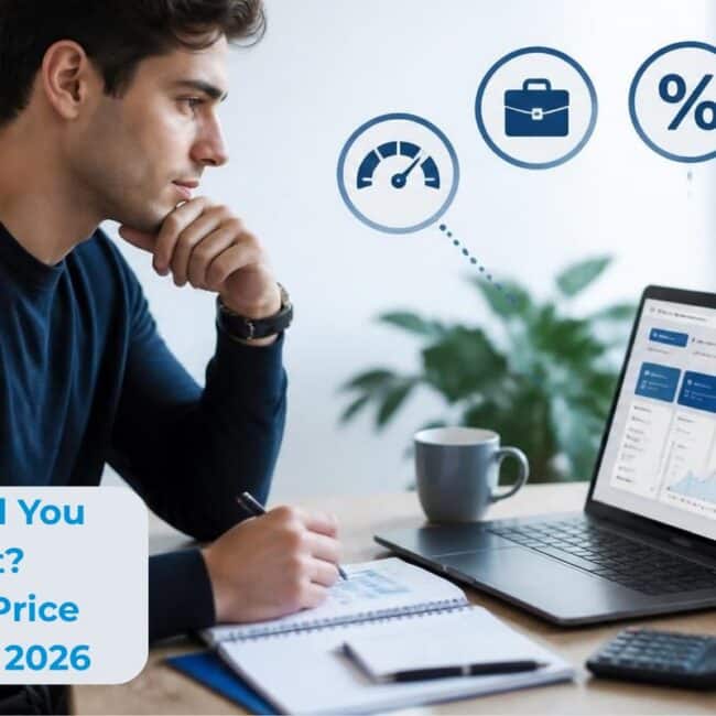 A young professional at a desk reviewing loan rate options on a laptop with icons for credit income rate degree and term