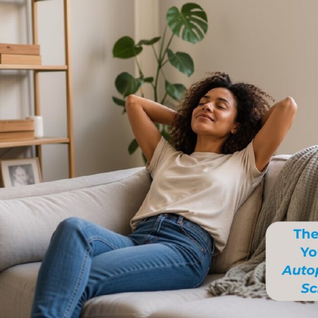 Relaxed woman on a beige sofa in a bright living room with a rounded caption that reads The Last 60 Days of Your Grace Period Autopay On Payments Scheduled Relax