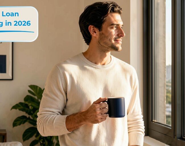 Man in a beige sweater holds a dark mug by a sunny window with a banner reading Student Loan Refinancing in 2026 in the upper left corner