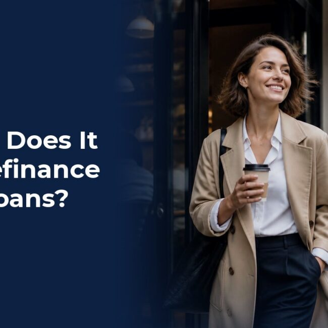 A smiling young professional walking out of a cafe with a coffee relaxed after starting her student loan refinance