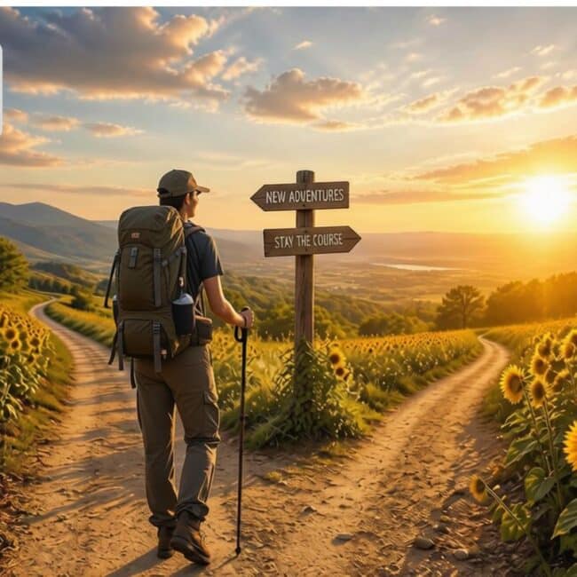 Hiker at a fork in a trail through sunflower fields at sunset with signposts reading new adventures and stay the course