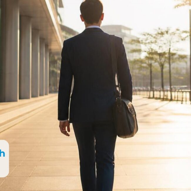 Young professional in a suit walking to work along a sunlit office plaza on an early morning