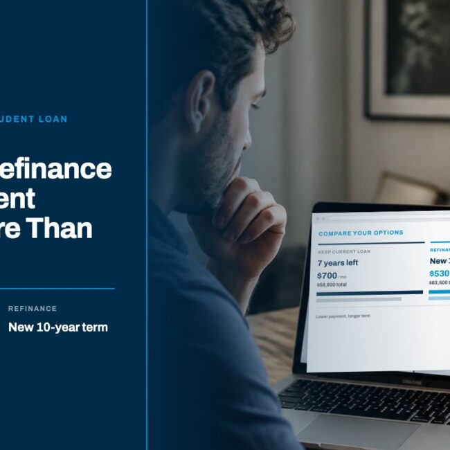 A young professional comparing current and new student loan refinancing offers on a laptop