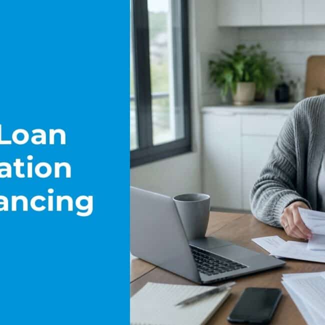 A young professional organizing several student loan statements into one stack at a kitchen table