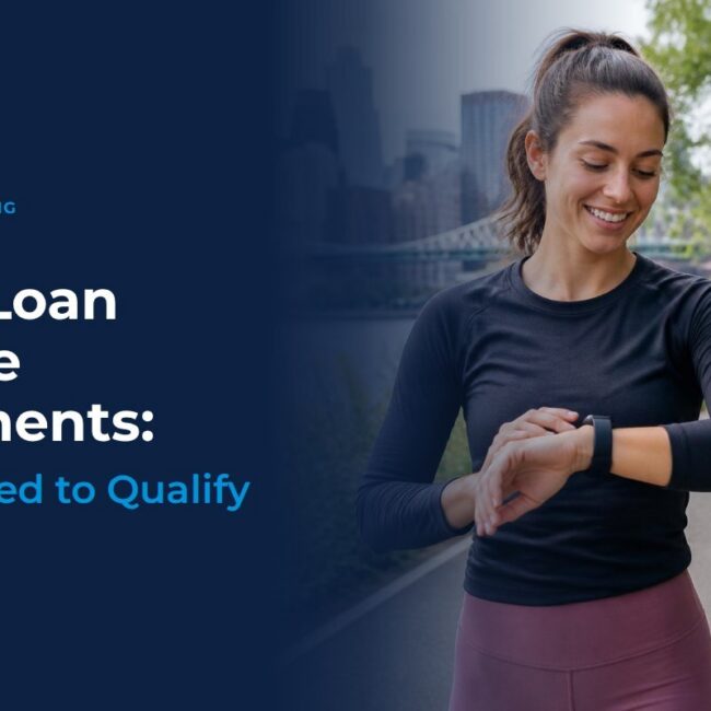 A smiling young woman checking her watch mid run on a city trail representing the steps to qualify for student loan refinancing