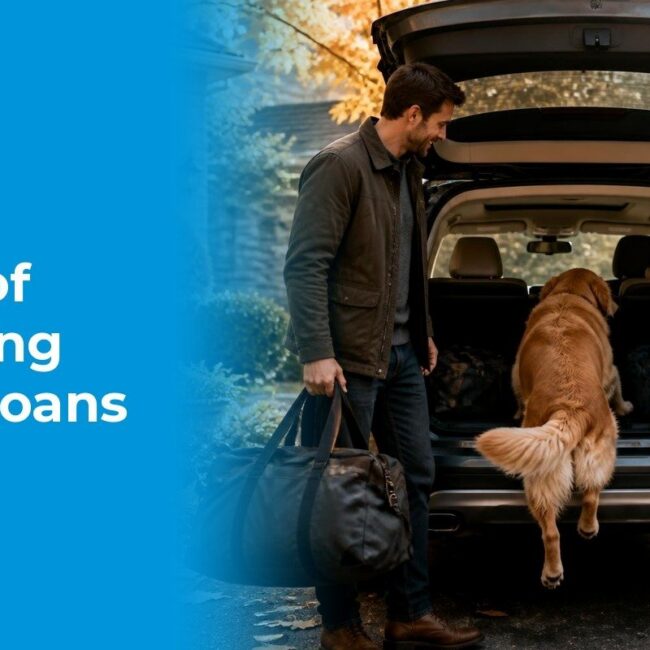 A young couple loading bags and their dog into their car on a fall morning with more room in their budget after refinancing student loans